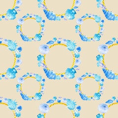 Watercolor seamless patterns hand-drawn with a wreath of blue seashells on a beige background. Perfect for postcards, patterns, banners, posters, nautical wallpapers, gift wrapping or clothing prints
