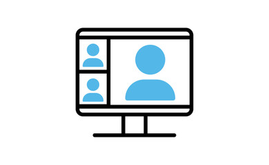 Video conference icon. People on computer screen. Home office in quarantine times. Internet virtual teaching media. Digital communication