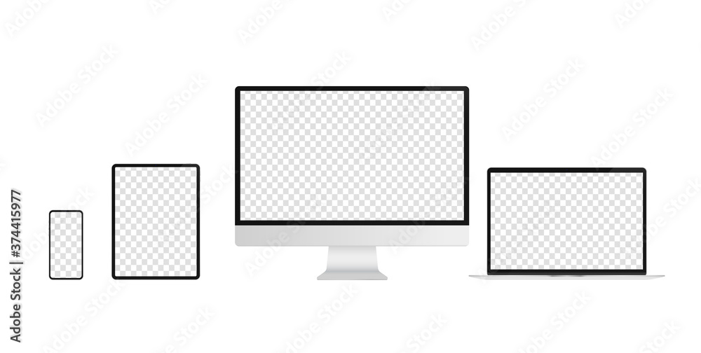 Fototapete Modern devices with transparent empty screen -  Present your own design with unbranded computers, tablet and phone. All with slim borders. Mockup and template concept in vector format.