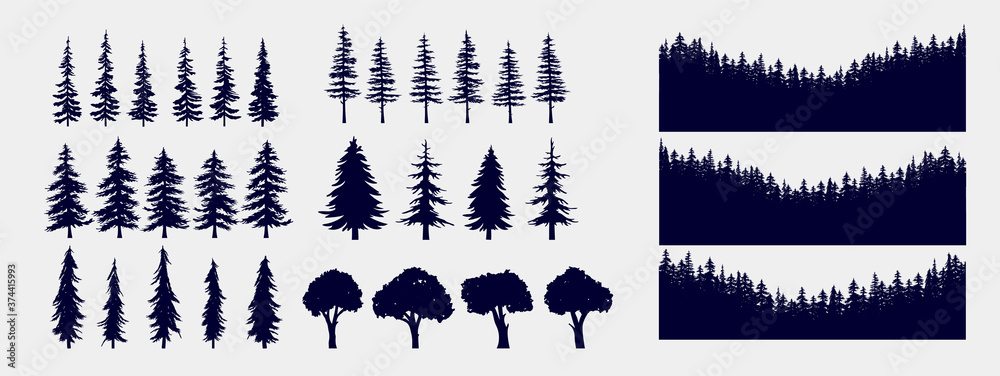 Wall mural tree and forest silhouettes - vector illustration collection of trees and wilderness objects to crea