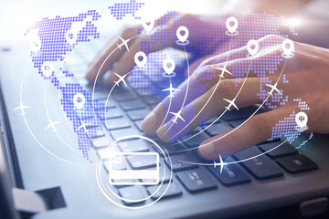 online air ticket booking concept, world map with airplanes and pins, traveling around the world