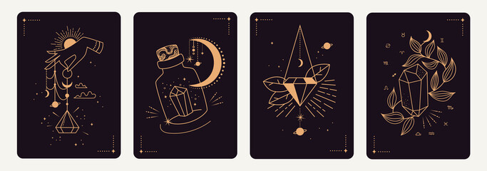 Set of mystical templates for tarot cards, banners, flyers, posters, brochures, stickers. Hand-drawn. Cards with esoteric symbols. Silhouette of hands, planets, stars, moon phases and crystals. vector - obrazy, fototapety, plakaty