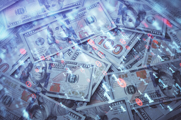 Double exposure of data theme drawing over us dollars bill background. Technology concept.