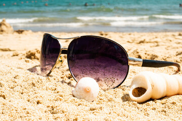 Sunglasses lying on a tropical sandy beach with seashells and stones. Sunglasses on the beach. Nice sea view. Vacation, travel concept