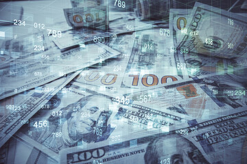 Double exposure of data theme drawing over us dollars bill background. Technology concept.