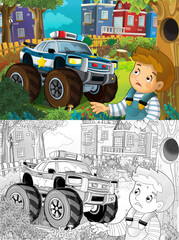 cartoon sketch scene with police car and sports car car at city
