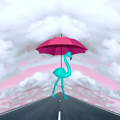 Contemporary collage. A turquoise flamingo under a red umbrella is walking along the road against a sky with clouds.