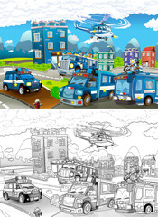 Cartoon sketch stage with different machines for police duty