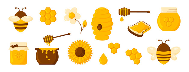 Honey icon set, honeycomb, bee, hive, hexagon, jar, pot, drop, syrup toast and flowers. Organic food design concept isolated on white background. Vector illustration