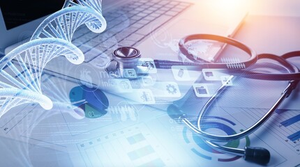 Laptop and stethoscope, digital healthcare concept