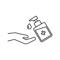 Disinfection. PPE line icon. Hand hygiene. Sanitizer bottle, washing hands. Editable stroke. Vector illustration