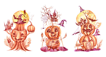 Watercolor hand painted set of Halloween clipart for party invitations or greeting cards with pumpkins, spider, hat, mushroom and traditional symbols. Can be used for poster, print, pattern