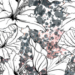 Fototapeta premium Floral Black White Pattern. Modern Watercolor