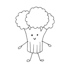 Cartoon vegetables cabbage broccoli. Contour vector black-and-white illustration. 