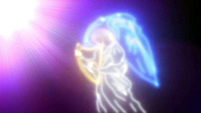 &Aacute;ngel tocando su arpa delante del trono de Dios