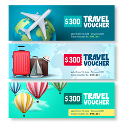 Travel voucher template vector set. Travel and tour gift voucher collection promo with travel elements and travel text for promotions. Vector illustration.
 - obrazy, fototapety, plakaty
