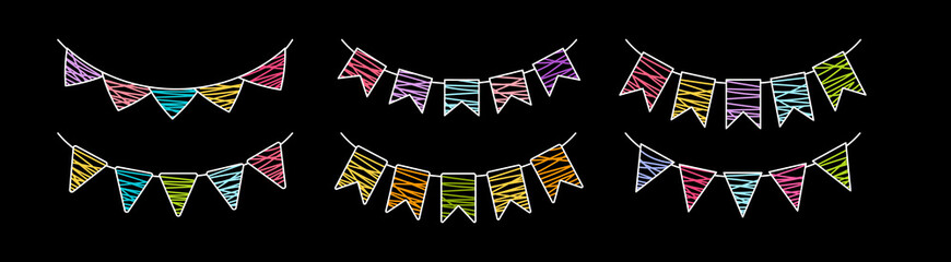 Flag garland bunting birthday party line chalk graphic set. Anniversary, celebration party hanging flags multicolored collection. Buntings pennants festival decoration. Isolated vector illustration - obrazy, fototapety, plakaty