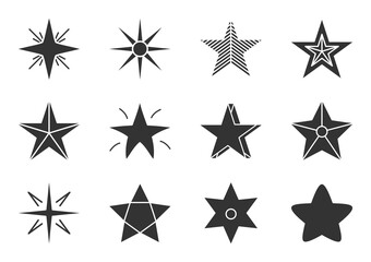 Set of star silhouette icon. Glyph starry sign for design logo. Abstract template different shape stars. Silhouette classic rank reward in game or web site premium rating Isolated vector illustration