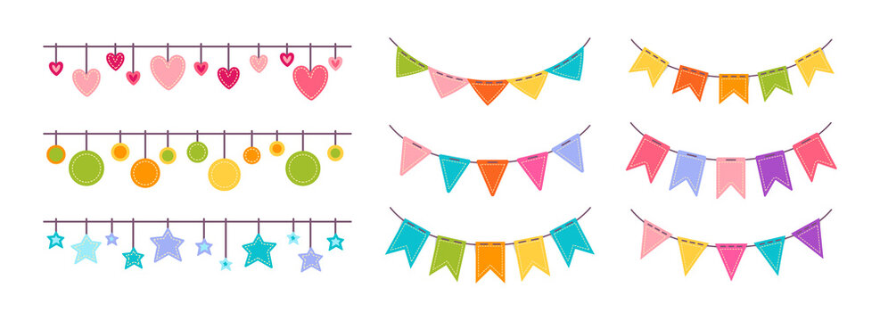 Flag garland bunting heart, star birthday party flat set. Anniversary, celebration party hanging flags cartoon collection. Buntings pennants, festival decoration. Isolated vector illustration