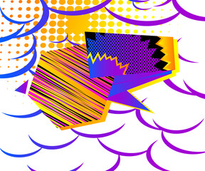Obraz premium Comic book design colored background with banner and ribbon. Cartoon illustration. Vector comics backdrop.