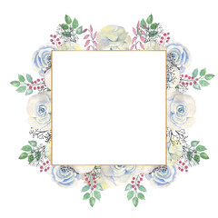 Fototapeta na wymiar Blue rose flowers, green leaves, berries in a gold geometric frame. Wedding concept with flowers. Watercolor compositions for the decoration of greeting cards or invitations