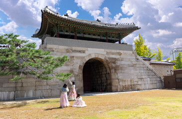 Gyeongbokgung Palace with Korean national dress Seoul,South Korea.