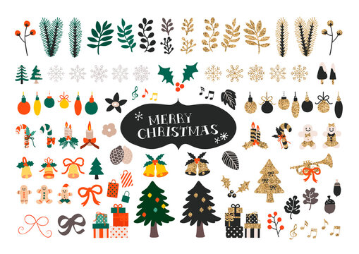 Vector set of Christmas icons. Christmas tree, gift boxes, bells and cute gingerbread man.