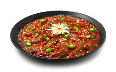 Korean Soy Sauce Marinate Raw Shrimps with Kochujang Sauce sprinkle red & green chili