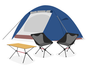 キャンプ場で使うテントとイスとテーブルのイラスト。