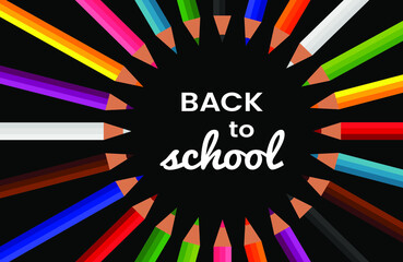 Circle of 24 colored pencils with “Back to school” inscription. Twelve colors bright crayons, flat cartoon design. Writing implement, school supplies. White on black background. Vector illustration