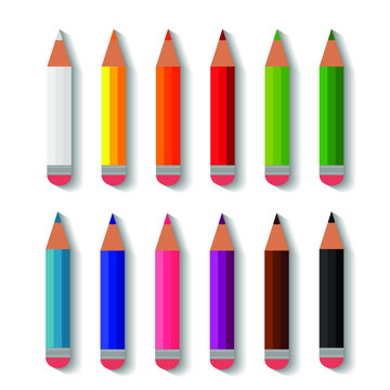Set of colored pencils. Twelve rainbow scale color bright crayons with pink erasers collection,flat cartoon design. Writing implement,school supplies. Isolated on white background. Vector illustration