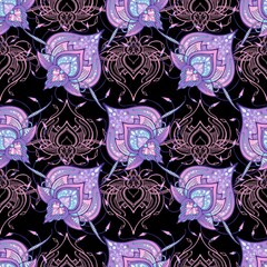 Lotus Henna illustration doodle tattoo seamless gradation color for digital printing fabric wallpaper with pink purple and black vector background 