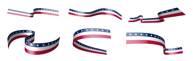 Set of holiday ribbons. American flag waving in wind. Separation into lower and upper layers. Design element. Vector on white background