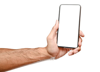 Male caucasian hand holding phone isolated on white background.