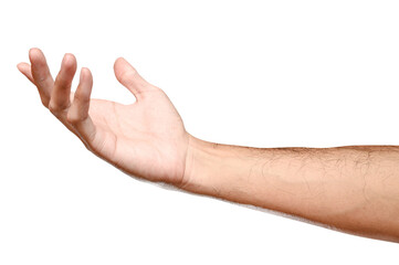 Male caucasian hand reach and ready to help or receive. Gesture isolated on white background.