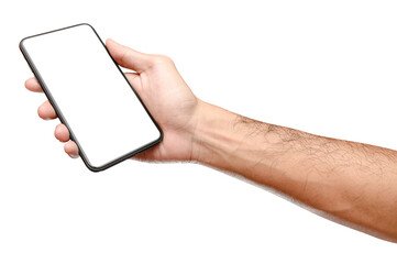 Male caucasian hand holding phone isolated on white background.