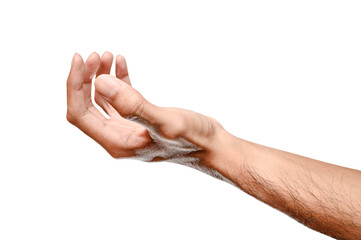 isolated of male caucasian hand holding something like a bottle or can.