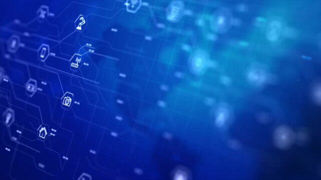 Internet of things icons in a hexagon shape with connection line, for cyber futuristic network and innovation conception the dark background, shallow depth of field effect with dark and grain processe