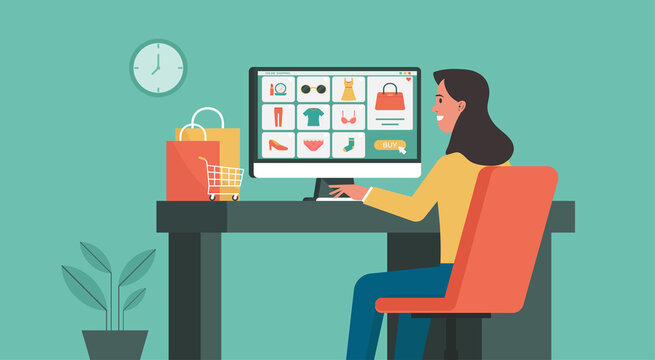 woman using computer for shopping online at home connecting to women fashion products on e-shop, vector flat illustration
