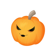 Cute pumpkin with scary smiling face. Halloween kawaii mascot – little pumpkin. Cartoon vector character illustration. Isolated on white background.