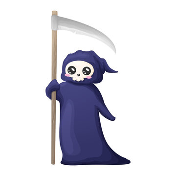 Cute cartoon grim reaper with scythe isolated on white background. Vector illustration. Kawaii Halloween skeleton character icon.