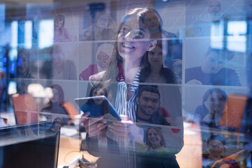 Online remote learning. Digital video conference chat with student and class group. Teaching and...