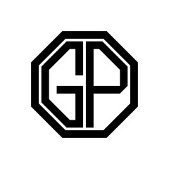 GP initial monogram logo, octagon shape, black color