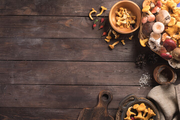 Autumn harvest of mushrooms on vintage rustic wooden background. Rustic kitchen table. Flat lay top, top view . Layout with free text space. Forest harvest concept.