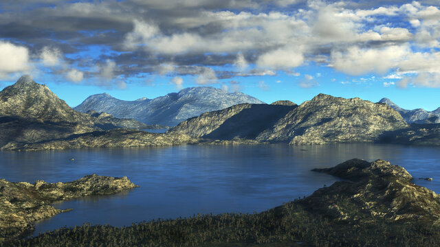 3D illustration of an alien landscape with a lake and some mountains under a cloudy sky. 3D rendered.
