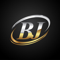 initial letter BJ logotype company name colored gold and silver swoosh design. isolated on black background.