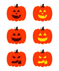 Vector illustration set of halloween pumpkins, scary and funny pumpkin faces, vector jack o lantern facial expressions characters.