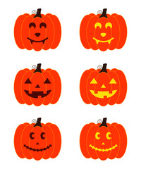 Vector illustration set of halloween pumpkins, scary and funny pumpkin faces, vector jack o lantern facial expressions characters.