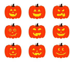 Vector illustration set of halloween pumpkins, scary and funny pumpkin faces, vector jack o lantern facial expressions characters.