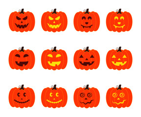 Vector illustration set of halloween pumpkins, scary and funny pumpkin faces, vector jack o lantern facial expressions characters.